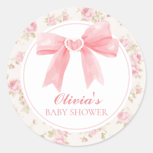 Pink bow and roses preppy baby shower classic round sticker