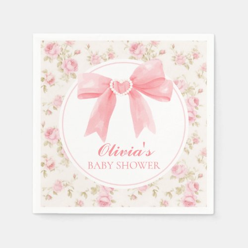 Pink bow and roses preppy baby shower napkins