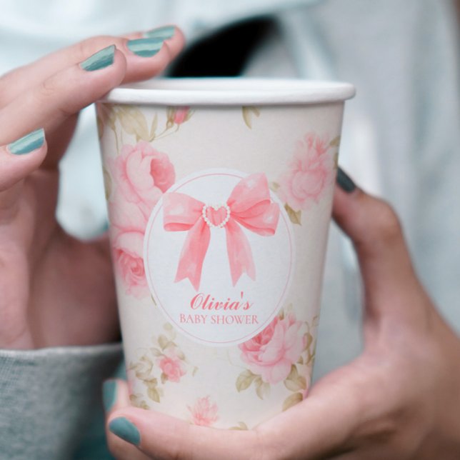Pink bow and roses preppy baby shower paper cups (Creator Uploaded)
