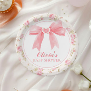 Pink bow and roses preppy baby shower paper plates