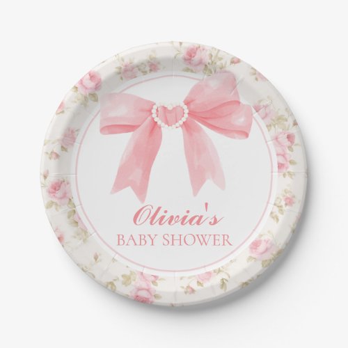 Pink bow and roses preppy baby shower paper plates