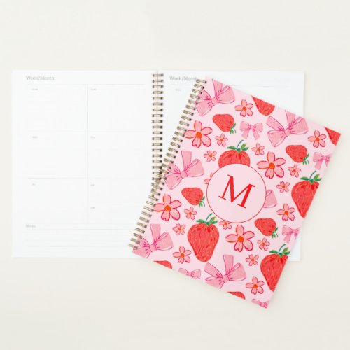 Pink Bow and Strawberry Coquette Pattern Monogram Planner