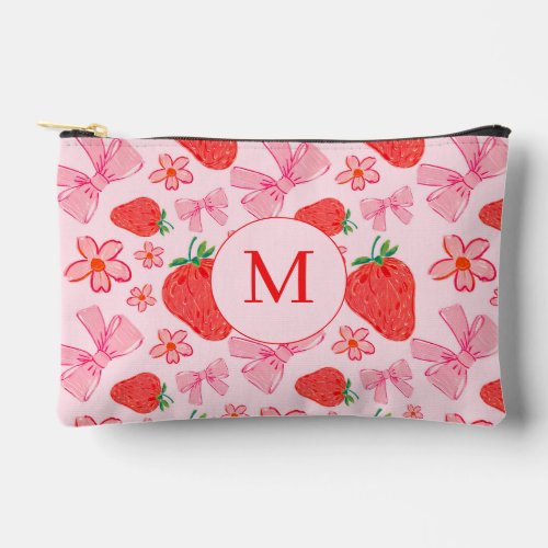 Pink Bow and Strawberry Girly Pattern Monogram Accessory Pouch