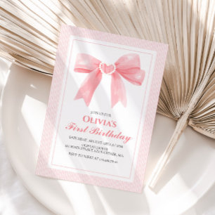 Pink Bow and Stripes Coquette 1st birthday Invitation