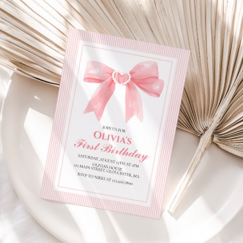 Pink Bow and Stripes Coquette 1st birthday Invitation