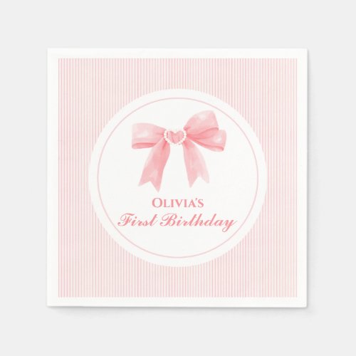 Pink Bow and Stripes Coquette 1st birthday Napkins
