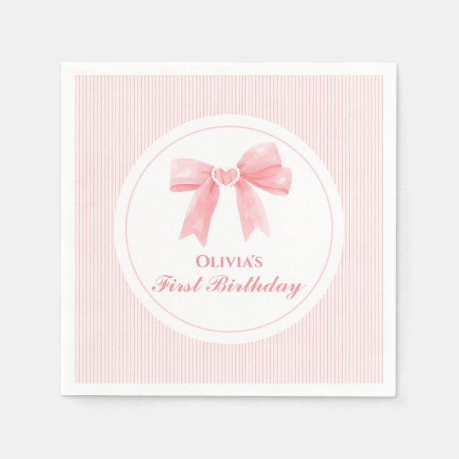 Pink Bow and Stripes Coquette 1st birthday Napkins (Front)