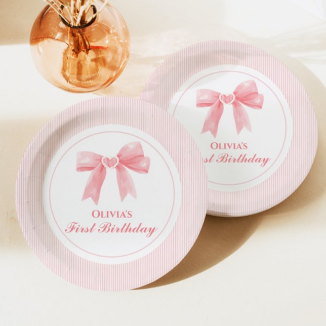 Pink Bow and Stripes Coquette 1st birthday Paper Plates (Creator Uploaded)