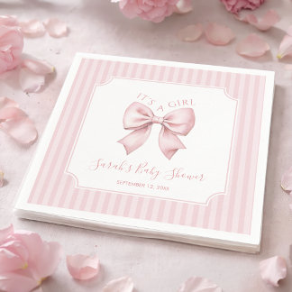 Pink Bow and Stripes Coquette Girl Baby Shower Napkins