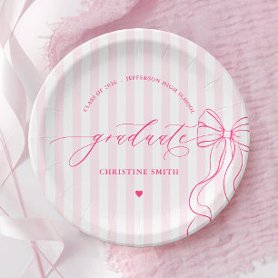 Pink Bow and Stripes Graduate Paper Plates
