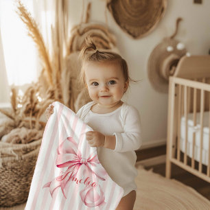 Pink Bow and Stripes Personalized Baby Blanket