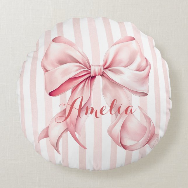 Pink Bow and Stripes Personalized Round Pillow (Front)