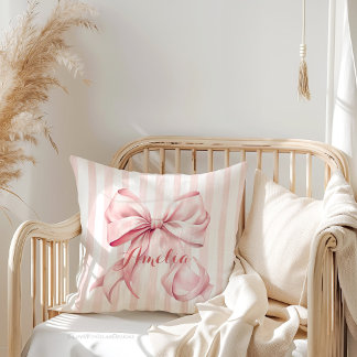 Pink Bow and Stripes Personalized Throw Pillow