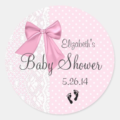 Pink Bow and White Lace Baby Shower Favor Classic Round Sticker