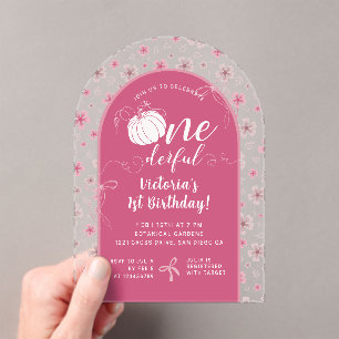 PINK BOW & ARCH FALL PUMPKIN FLOWERS BIRTHDAY ACRYLIC INVITATIONS