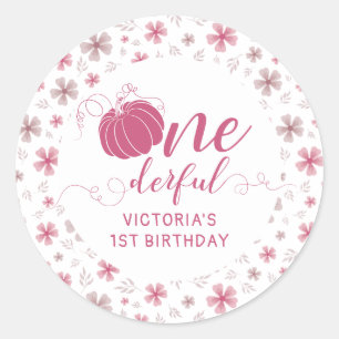 PINK BOW & ARCH FALL PUMPKIN FLOWERS BIRTHDAY CLASSIC ROUND STICKER