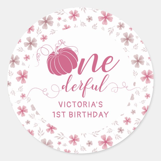 PINK BOW & ARCH FALL PUMPKIN FLOWERS BIRTHDAY CLASSIC ROUND STICKER (Front)