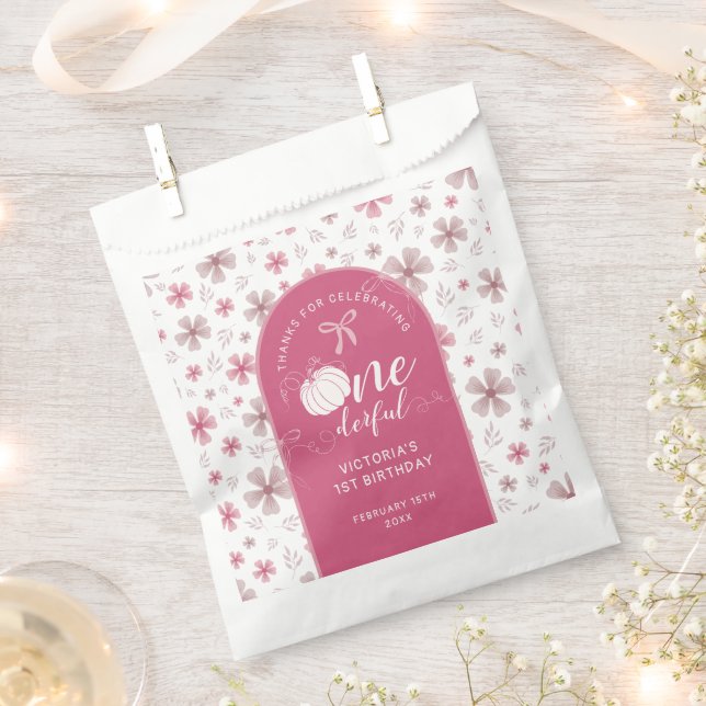 PINK BOW & ARCH FALL PUMPKIN FLOWERS BIRTHDAY FAVOR BAG (Clipped)