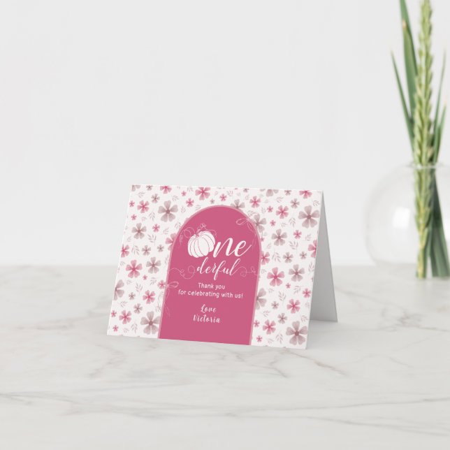PINK BOW & ARCH FALL PUMPKIN FLOWERS BIRTHDAY LETTERPRESS THANK YOU CARD (Front)