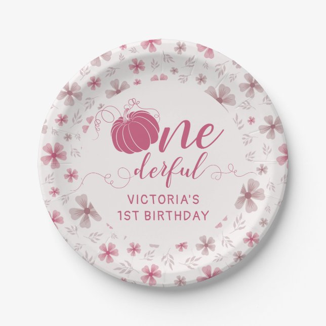 PINK BOW & ARCH FALL PUMPKIN FLOWERS BIRTHDAY PAPER PLATES (Front)