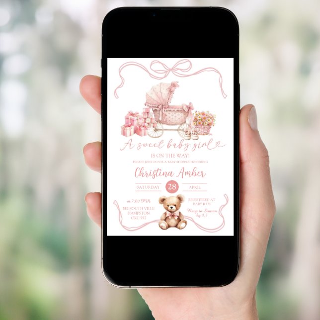 Pink Bow Baby Carriage Girl Baby Shower Invitation (Front Digital)