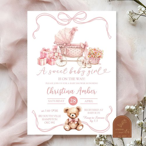 Pink Bow Baby Carriage Girl Baby Shower