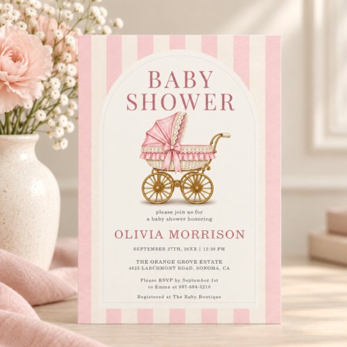 Baby Carriage Pink Bow baby shower invitation
