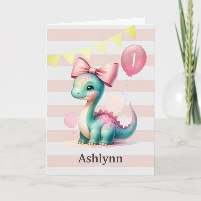 Pink Bow Baby Dinosaur 1st Birthday Card (Front)