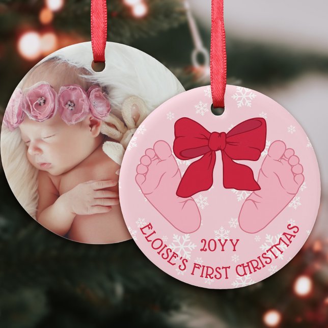 Pink Bow Baby Feet Photo Daughter First Christmas Ceramic Ornament (Creator Uploaded)