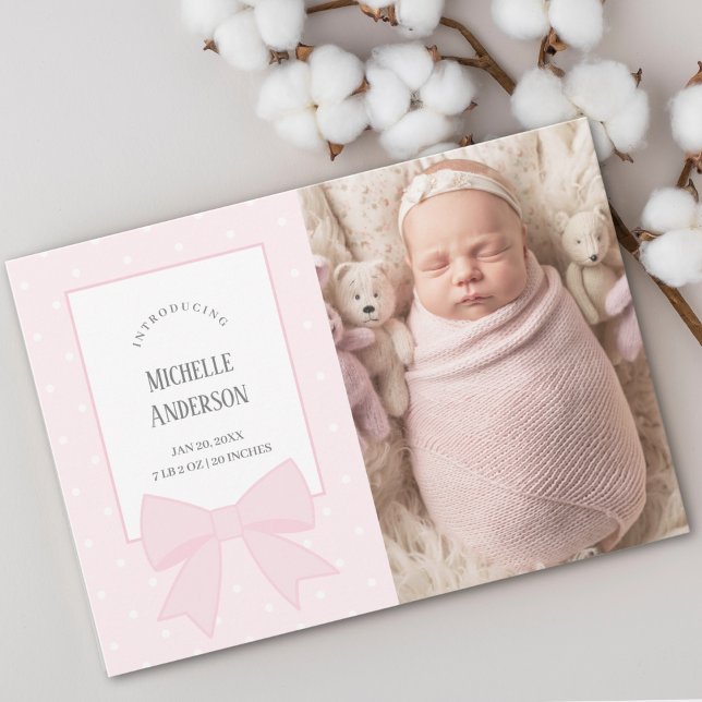 Pink Bow Baby Girl 2 Photo Birth Announcement (Creator Uploaded)