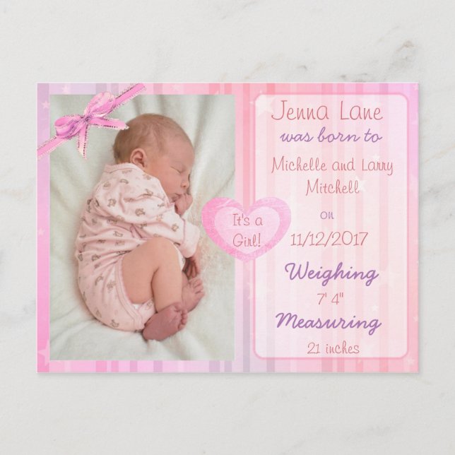 Pink Bow Baby Girl Birth Announcement Postcard (Front)
