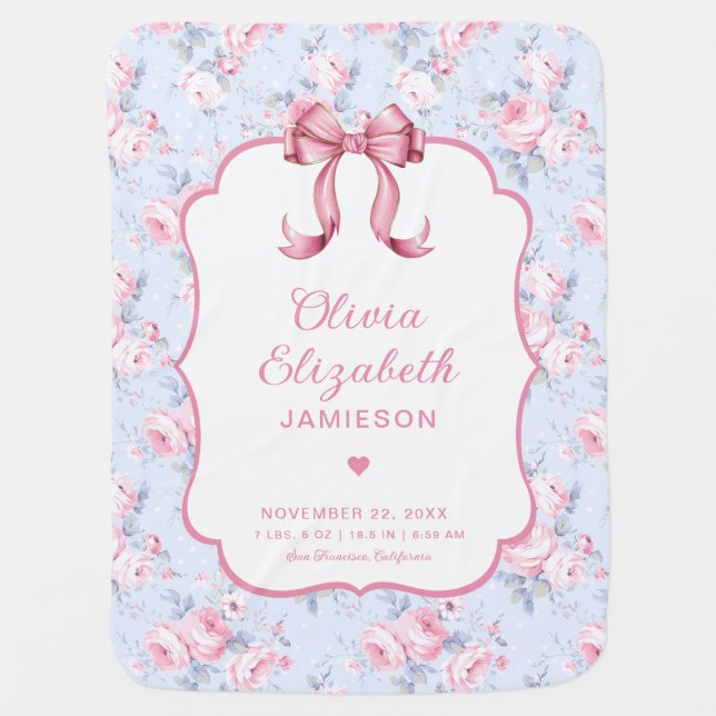 Pink Bow Baby Girl Newborn Birth Stats Baby Blanket (Front)