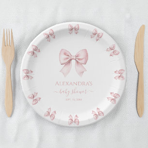 Pink Bow Baby Girl Shower Cute Coquette Watercolor Paper Plates