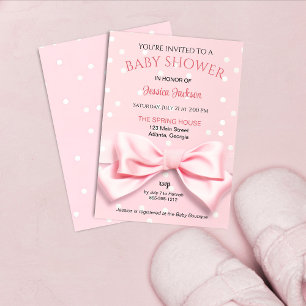 Pink Bow Baby Girl with Polka Dot Invitation