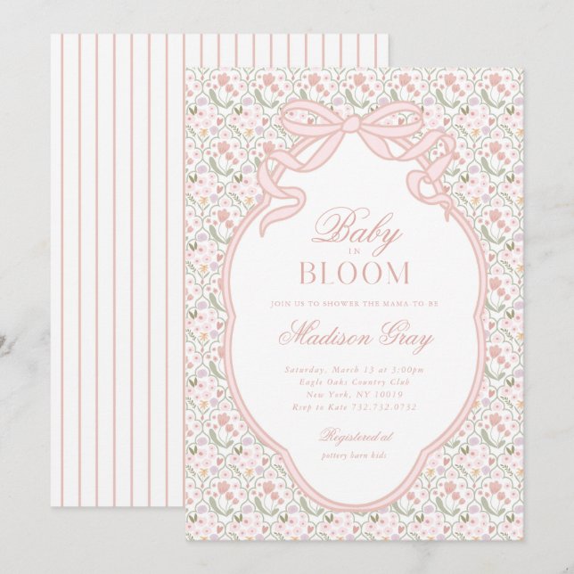 Pink Bow Baby in Bloom Baby Shower Invitation (Front/Back)