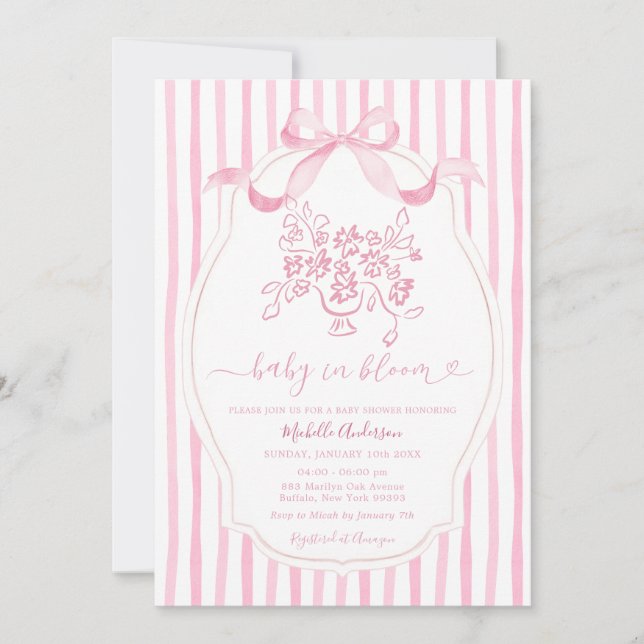 Pink Bow Baby in Bloom Baby Shower Invitation (Front)