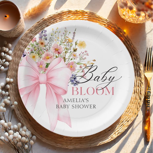 Pink Bow Baby in Bloom Baby Shower Paper Plates (Creator Uploaded)