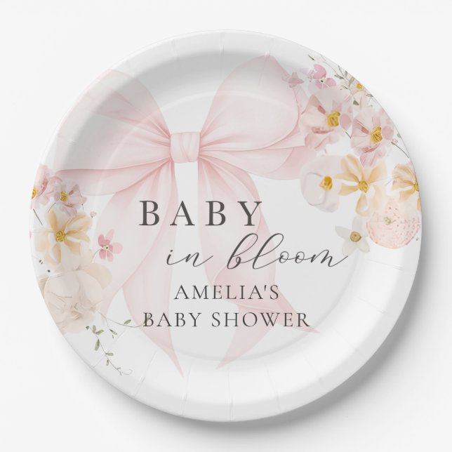 Pink Bow Baby in Bloom Baby Shower Paper Plates (Front)