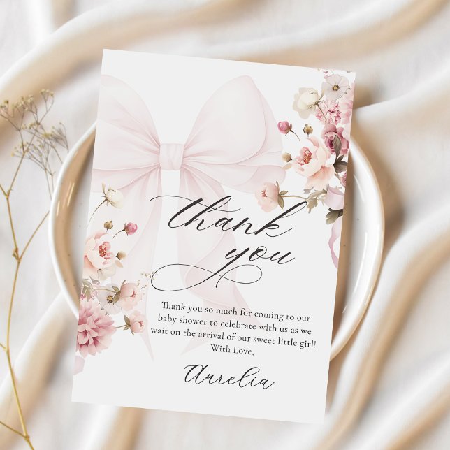 Pink Bow Baby in Bloom Baby Shower Thank You Card (Creator Uploaded)