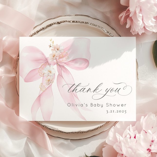 Pink Bow Baby in Bloom Baby shower Thank you card (Creator Uploaded)