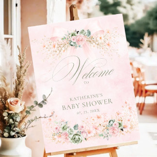 Pink Bow Baby in Bloom Floral Baby Shower Welcome Foam Board