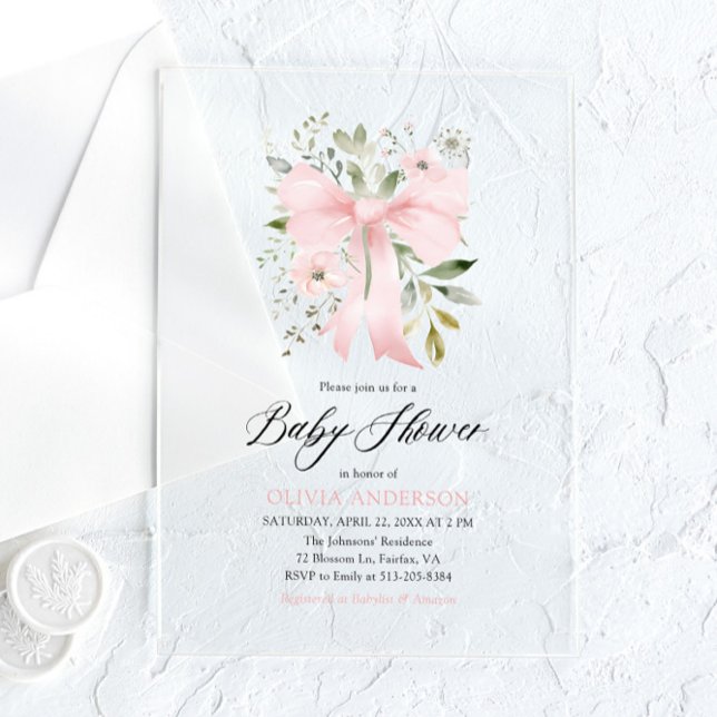 Pink Bow Baby in Bloom Floral Girl Baby Shower Acrylic Invitations (Creator Uploaded)