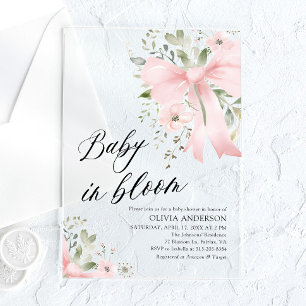 Pink Bow Baby in Bloom Floral Girl Baby Shower Acrylic Invitations