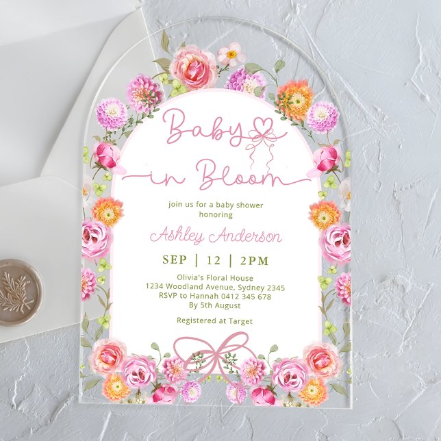Pink Bow Baby in Bloom Floral Girl Baby Shower Acrylic Invitations (Creator Uploaded)