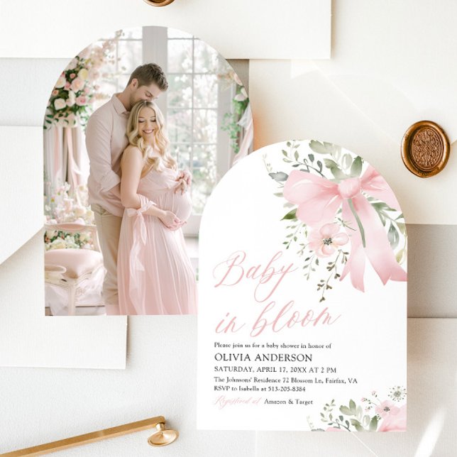 Pink Bow Baby in Bloom Floral Girl Baby Shower Invitation (Pink Bow Floral Baby in Bloom Girl Baby Shower Arched Invitation)