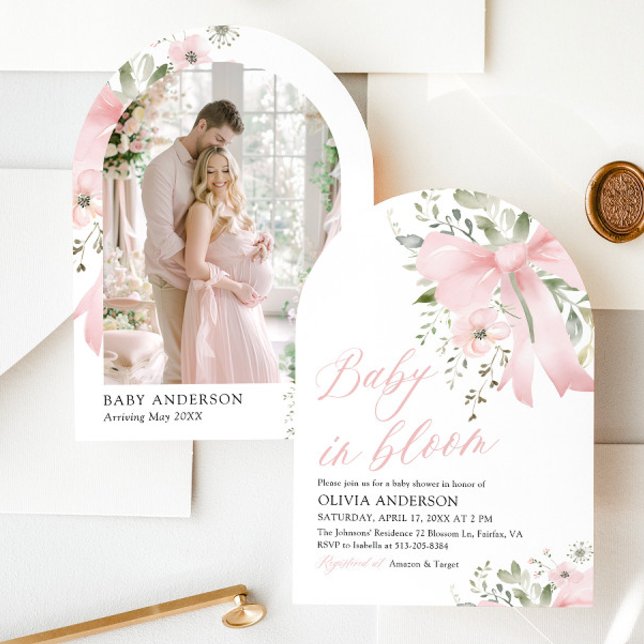 Pink Bow Baby in Bloom Floral Girl Baby Shower Invitation (Pink Bow Floral Baby in Bloom Girl Baby Shower Arched Invitation)