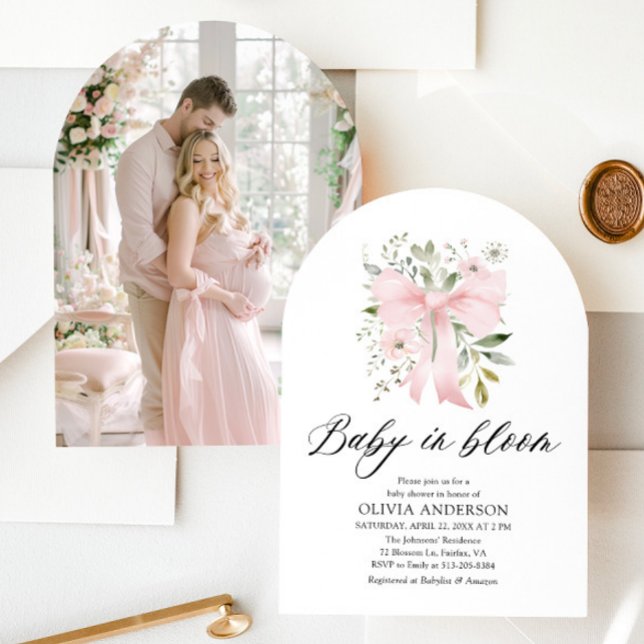 Pink Bow Baby in Bloom Floral Girl Baby Shower Invitation (Pink Bow Floral Baby in Bloom Girl Baby Shower Arched Invitation)