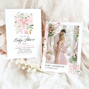 Pink Bow Baby in Bloom Floral Girl Baby Shower Invitation
