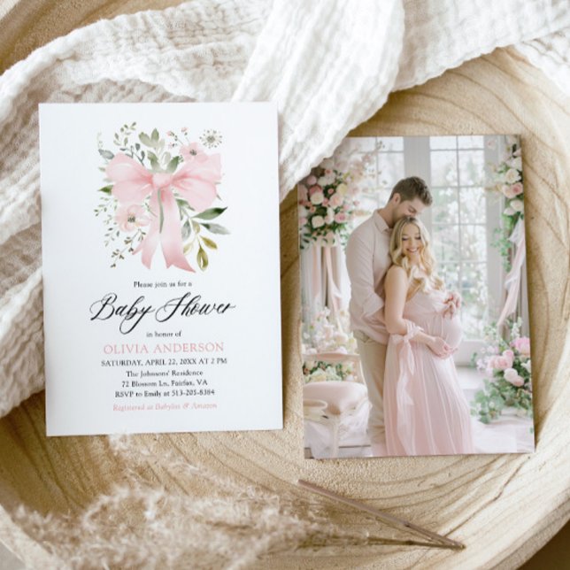 Pink Bow Baby in Bloom Floral Girl Baby Shower Invitation (Watercolor Blush Pink Bow Floral Girl Baby Shower Invitation)