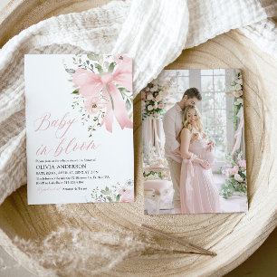 Pink Bow Baby in Bloom Floral Girl Baby Shower Invitation